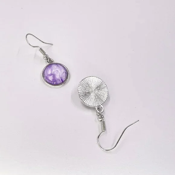 New / Handcrafted - Round Purple Paint Skin Silver Tone Fishhook Earrings - Picture 4 of 5